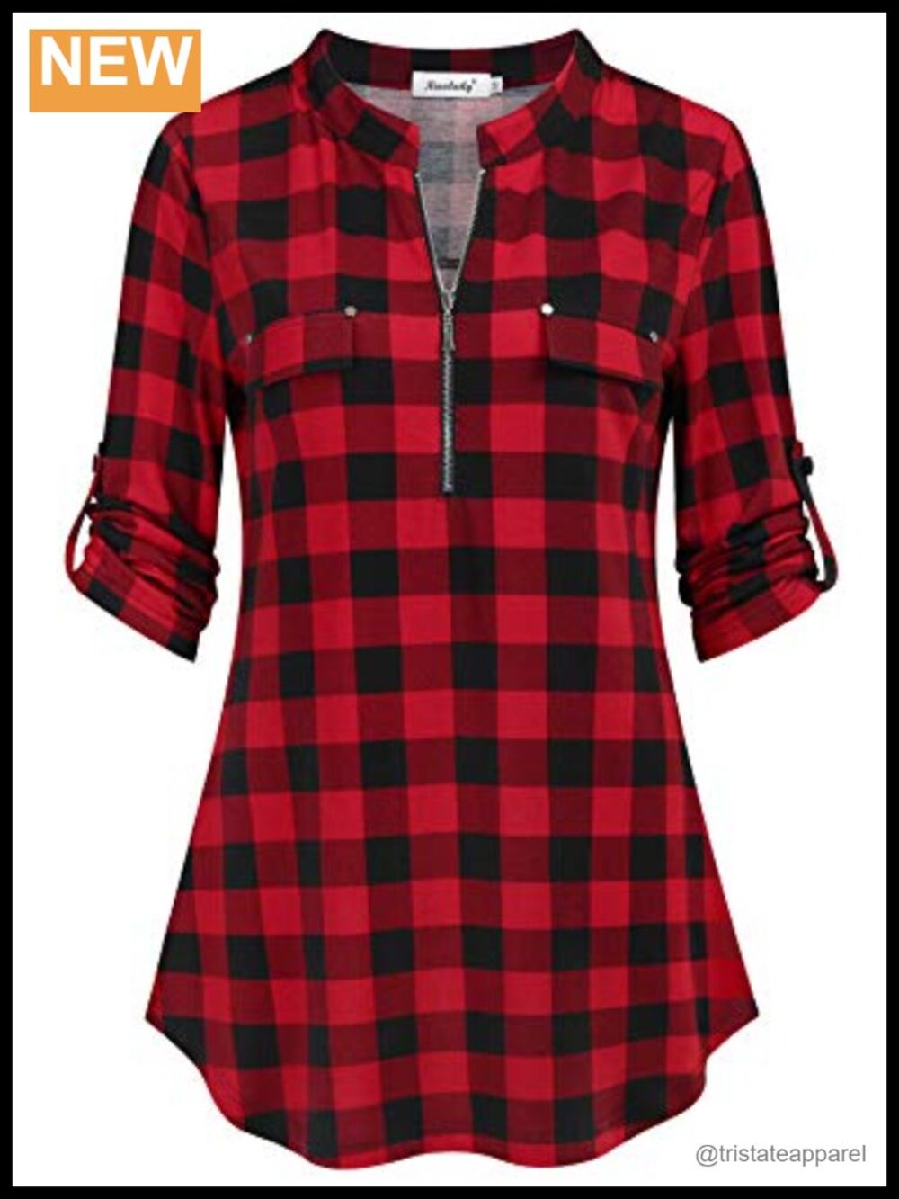 3/4 Sleeve Plaid Zip Tunic Blouse V-Neck Floral Casual Women Shirt